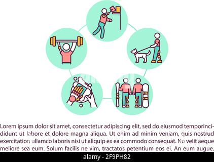 Performing daily activities and sports concept line icons with text Stock Vector