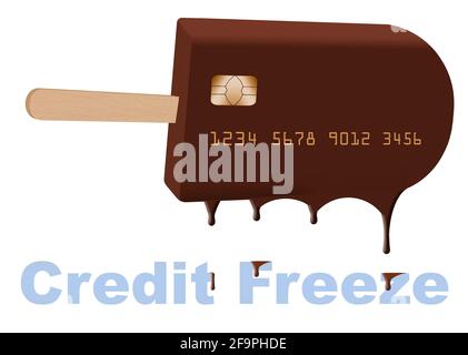 A chocolate ice cream bar on a stick is decorated to look like a credit card in this 3-D illustration about credit freezes to protect your credit repo Stock Photo