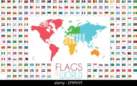 204 world flags with world map by continents vector illustration Stock Vector