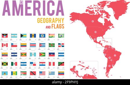 Set of 35 flags of America isolated on white background and map of America with countries situated on it. Stock Vector