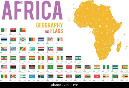 Set of 54 flags of Africa isolated on white background and map of Africa with countries situated on it. Stock Vector