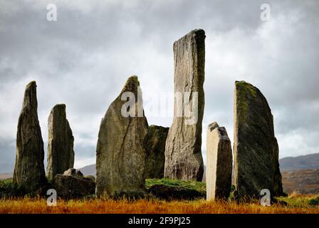 Tursachan prehistoric stones at Callanish, Lewis, Scotland. aka Callanish I. Centre monolith and circle stones showing Lewisian gneiss granite texture Stock Photo