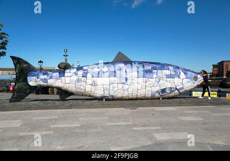 14.07.2019, Belfast, Northern Ireland, United Kingdom - The Big Fish, ceramic sculpture (by John Kindness, 1999) at Donegall Quay on the Lagan River. Stock Photo