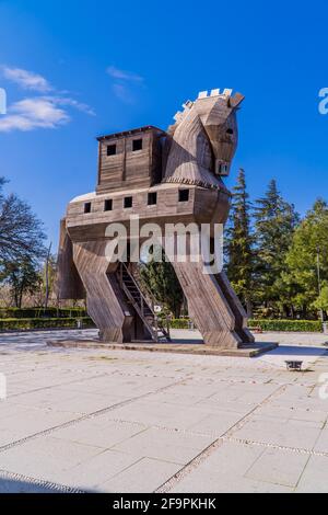 Troia, Turkey - March 2, 2021 - the mock Trojan horse in the entrance of the landmark site of the ancient city of Troy near Canakkale Stock Photo