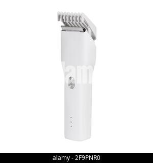 Barber hair clipper with nozzle side view isolated on white background. White hair clipper Stock Photo