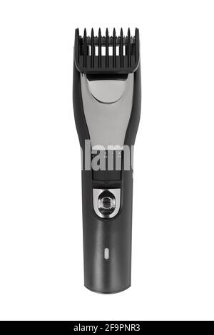 Barber black hair clipper with nozzle front view isolated on white background Stock Photo