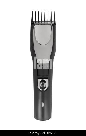 Barber black hair clipper with nozzle front view isolated on white background Stock Photo