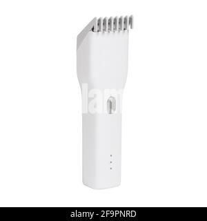 White hair clippers with nozzle side view isolated on white background Stock Photo