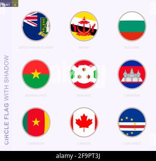 Circle flag with shadow, collection of nine round flag. Vector flags of 9 countries: British Virgin Islands, Brunei, Bulgaria, Burkina Faso, Burundi, Stock Vector