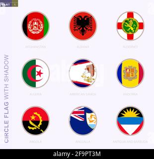 Circle flag with shadow, collection of nine round flag. Vector flags of 9 countries: Afghanistan, Albania, Alderney, Algeria, American Samoa, Andorra, Stock Vector