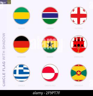 Circle flag with shadow, collection of nine round flag. Vector flags of 9 countries: Gabon, Gambia, Georgia, Germany, Ghana, Gibraltar, Greece, Greenl Stock Vector