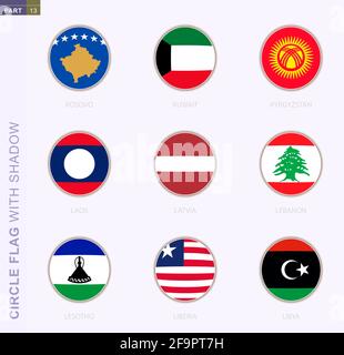 Circle flag with shadow, collection of nine round flag. Vector flags of 9 countries: Kosovo, Kuwait, Kyrgyzstan, Laos, Latvia, Lebanon, Lesotho, Liber Stock Vector