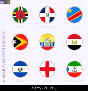 Circle flag with shadow, collection of nine round flag. Vector flags of 9 countries: Dominica, Dominican Republic, DR Congo, East Timor, Ecuador, Egyp Stock Vector