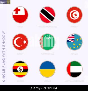 Circle flag with shadow, collection of nine round flag. Vector flags of 9 countries: Tonga, Trinidad and Tobago, Tunisia, Turkey, Turkmenistan, Tuvalu Stock Vector