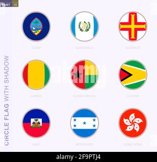 Circle flag with shadow, collection of nine round flag. Vector flags of 9 countries: Guam, Guatemala, Guernsey, Guinea, Guinea-Bissau, Guyana, Haiti, Stock Vector