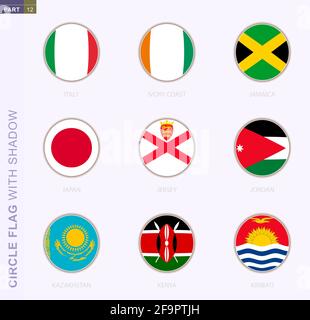 Circle flag with shadow, collection of nine round flag. Vector flags of 9 countries: Italy, Ivory coast, Jamaica, Japan, Jersey, Jordan, Kazakhstan, K Stock Vector