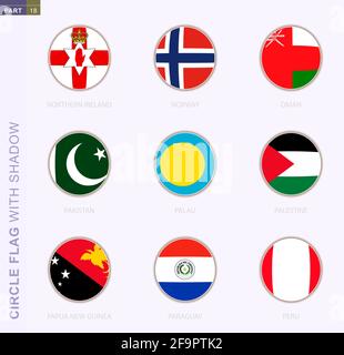 Circle flag with shadow, collection of nine round flag. Vector flags of 9 countries: Northern Ireland, Norway, Oman, Pakistan, Palau, Palestine, Papua Stock Vector