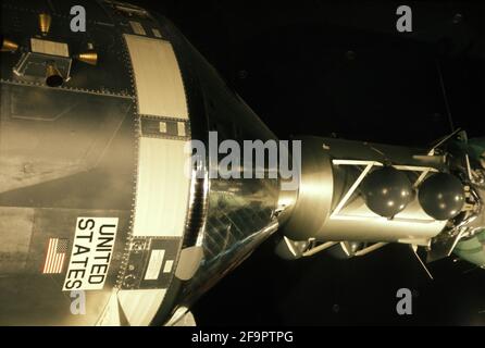 American Apollo spacecraft docked to Russian Soyuz via Apollo Soyuz Test Project (ASTP) docking adapter, Paris Air Show (30/05/73) Stock Photo