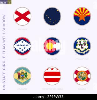 US state circle flag with shadow, collection of nine round flag. Vector flags of 9 US state: Alabama, Alaska, Arizona, Arkansas, Colorado, Connecticut Stock Vector