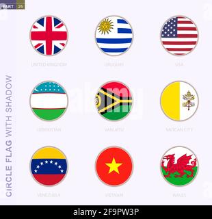 Circle flag with shadow, collection of nine round flag. Vector flags of 9 countries: United Kingdom, Uruguay, USA, Uzbekistan, Vanuatu, Vatican City, Stock Vector