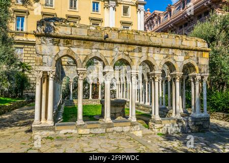 view of ruin of a 12th century cloister standing between Porta Soprana and Christopher Columbus' house in Genoa, italy. Stock Photo