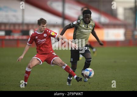 Brendan Sarpong-Wiredu of Colchester United does battle with Jake Hessenthaler of Crawley Town - Crawley Town v Colchester United, Sky Bet League Two, The People's Pension Stadium, Crawley, UK - 20th February 2020  Editorial Use Only - DataCo restrictions apply Stock Photo