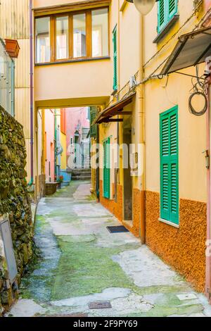 xVview of a narrow street waiting for tourists to come in manarola, cinque terre, italy. Stock Photo
