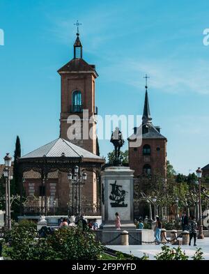 View of skyline from Cervantes Square in Alcala de Henares, Madrid, Spain - UNESCO World Heritage Site Stock Photo