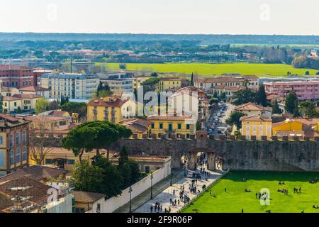 aerial view of the italian city pisa taken from the top of the leaning tower. Stock Photo