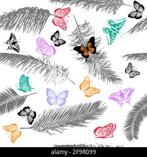 Palm leaves with butterflies . seamless background. Vector illustration Stock Vector