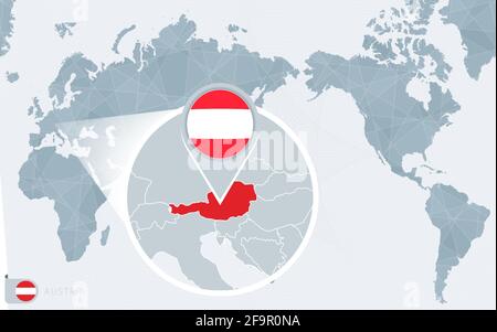 Pacific Centered World map with magnified Austria. Flag and map of Austria on Asia in Center World Map. Stock Vector