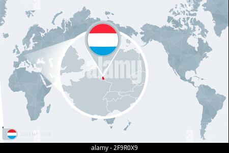 Pacific Centered World map with magnified Luxembourg. Flag and map of Luxembourg on Asia in Center World Map. Stock Vector