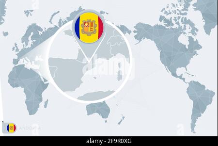 Pacific Centered World map with magnified Andorra. Flag and map of Andorra on Asia in Center World Map. Stock Vector