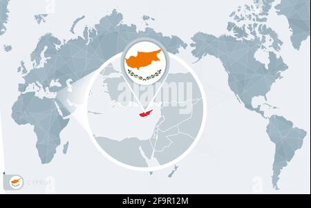 Pacific Centered World map with magnified Cyprus. Flag and map of Cyprus on Asia in Center World Map. Stock Vector