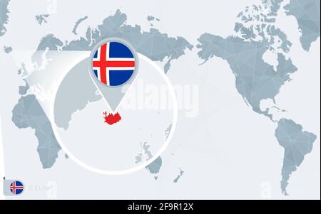 Pacific Centered World map with magnified Iceland. Flag and map of Iceland on Asia in Center World Map. Stock Vector