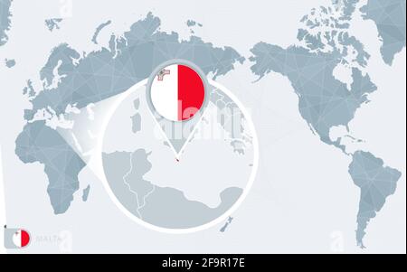 Pacific Centered World map with magnified Malta. Flag and map of Malta on Asia in Center World Map. Stock Vector