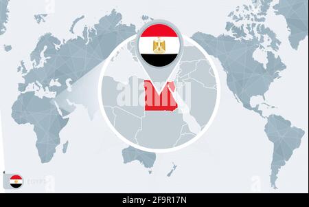 Pacific Centered World map with magnified Egypt. Flag and map of Egypt on Asia in Center World Map. Stock Vector