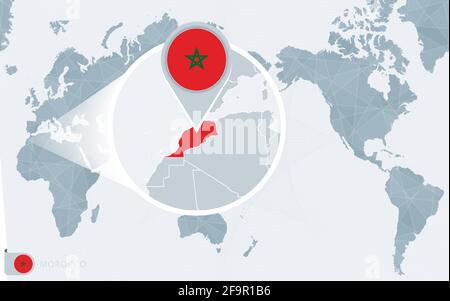 Pacific Centered World map with magnified Morocco. Flag and map of Morocco on Asia in Center World Map. Stock Vector