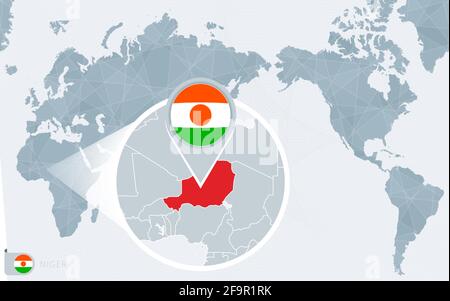 Pacific Centered World map with magnified Niger. Flag and map of Niger on Asia in Center World Map. Stock Vector