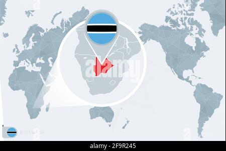 Pacific Centered World map with magnified Botswana. Flag and map of Botswana on Asia in Center World Map. Stock Vector