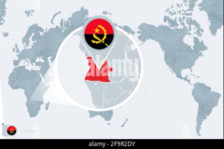 Pacific Centered World map with magnified Angola. Flag and map of Angola on Asia in Center World Map. Stock Vector