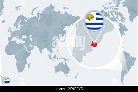 Pacific Centered World map with magnified Uruguay. Flag and map of Uruguay on Asia in Center World Map. Stock Vector
