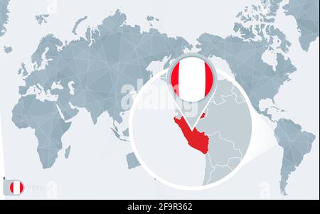 Pacific Centered World map with magnified Peru. Flag and map of Peru on Asia in Center World Map. Stock Vector