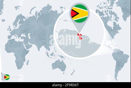 Pacific Centered World map with magnified Guyana. Flag and map of Guyana on Asia in Center World Map. Stock Vector