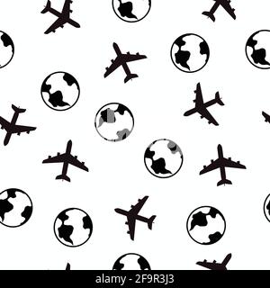 Travel pattern. Vector seamless pattern with planes and earth globes Stock Vector