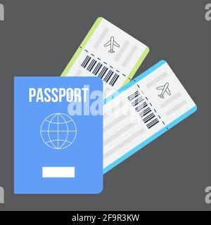 Passport with airline tickets. Boarding icon vector. Travel symbol, pass document on airplane. Blank of jet ticket. Stock Vector