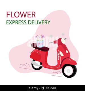 Red motorbike with flowers. Text flower delivery. Delivery service. Fast shipment concept. Flat vector illustration. Red scooter with the bouquet of Stock Vector
