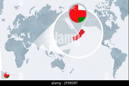 Pacific Centered World map with magnified Oman. Flag and map of Oman on Asia in Center World Map. Stock Vector