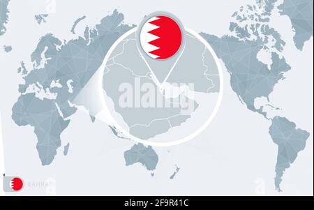 Pacific Centered World map with magnified Bahrain. Flag and map of Bahrain on Asia in Center World Map. Stock Vector