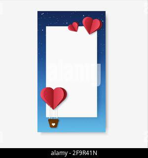 Romantic illustration for mobile stories or app. Hot air balloon in heart shape fly in the night sky with the empty field for text. Valentine day Stock Vector